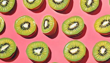 Fototapeta premium Vibrant oil painting featuring a pattern of fresh kiwi slices against a pink background captured from a top down perspective