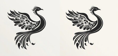 Obraz premium Mirrored Black White Peacock Silhouette Minimalist Design with Intricate Feathers Tribal