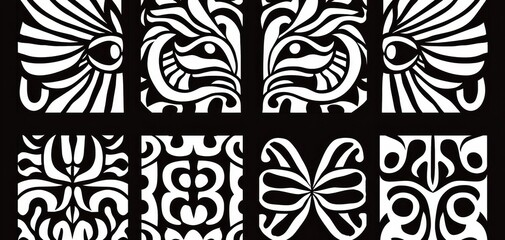 Abstract Monochrome Mosaic A Grid of Black White Patterns Symmetrical Design Geometric Shapes Bold Contrast Tribal