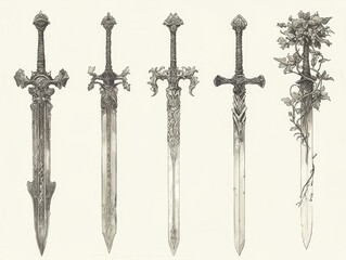 Ornate Swords Vines Detailed ink drawings of various swords one enveloped by a vine A study in contrasting design elements Tribal