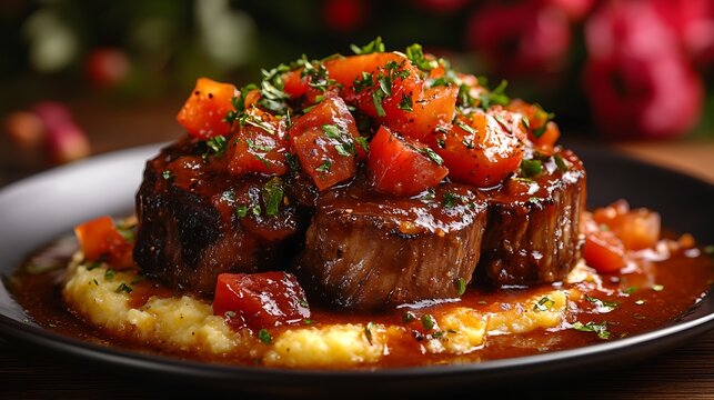 Ossobuco with gremolata and polenta, elegantly presented on a dark wooden table, with a blurred floral centerpiece in the background, warm lighting highlighting the textures and colors of the dish.