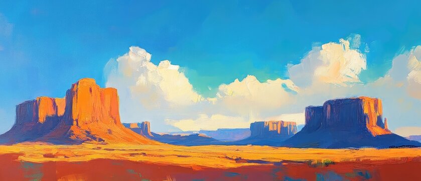 Vibrant oil painting featuring a stunning blue sky complemented by striking red rock formations