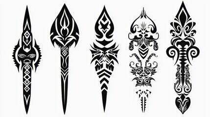 Five Black and White Tribal Designs A Symmetrical Arrangement of Geometric Shapes and Patterns Tribal