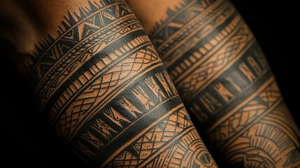Closeup of intricate black Polynesian tattoo on tanned skin against a dark background Tribal
