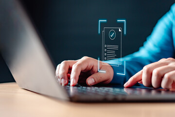 communication, smart, technology, iot, interface, binary, information, programming, search, software. A person is typing with a green check mark on the screen, a symbol of approval or completion.