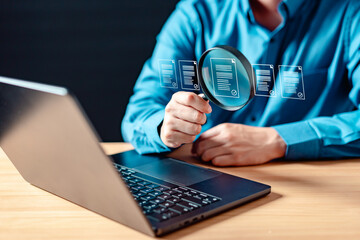 software, secure, code, page, analysis, magnifier, magnifying glass, search, research, find. A man...