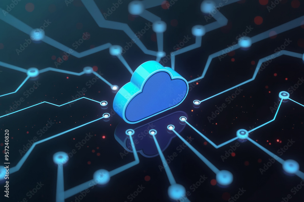 Poster a blue cloud computing icon on a black background with connected lines and dots, representing future