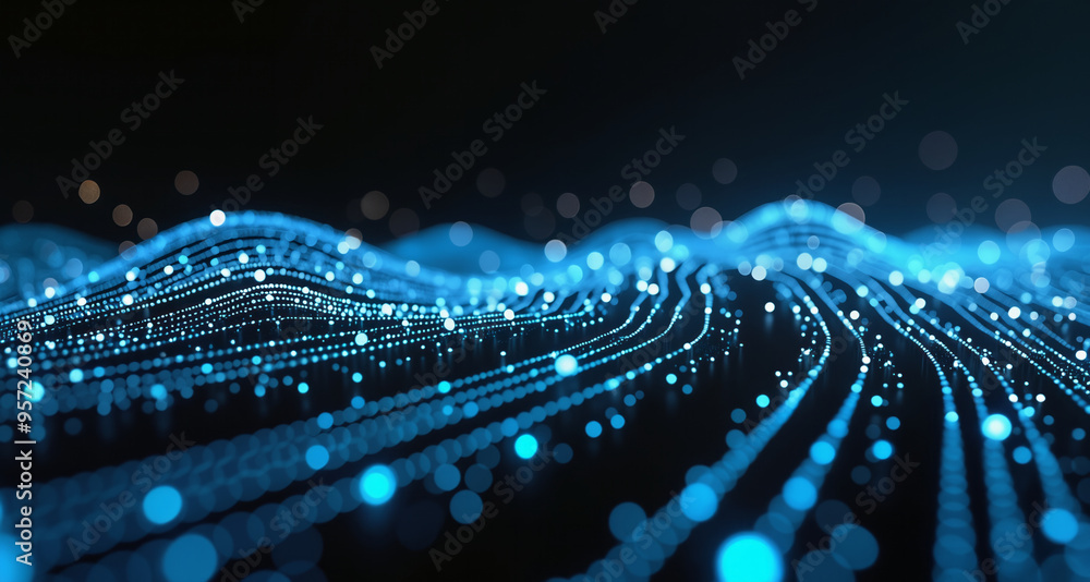 Poster abstract blue and black background featuring a wave-like pattern of dots and lines, ideal for data a