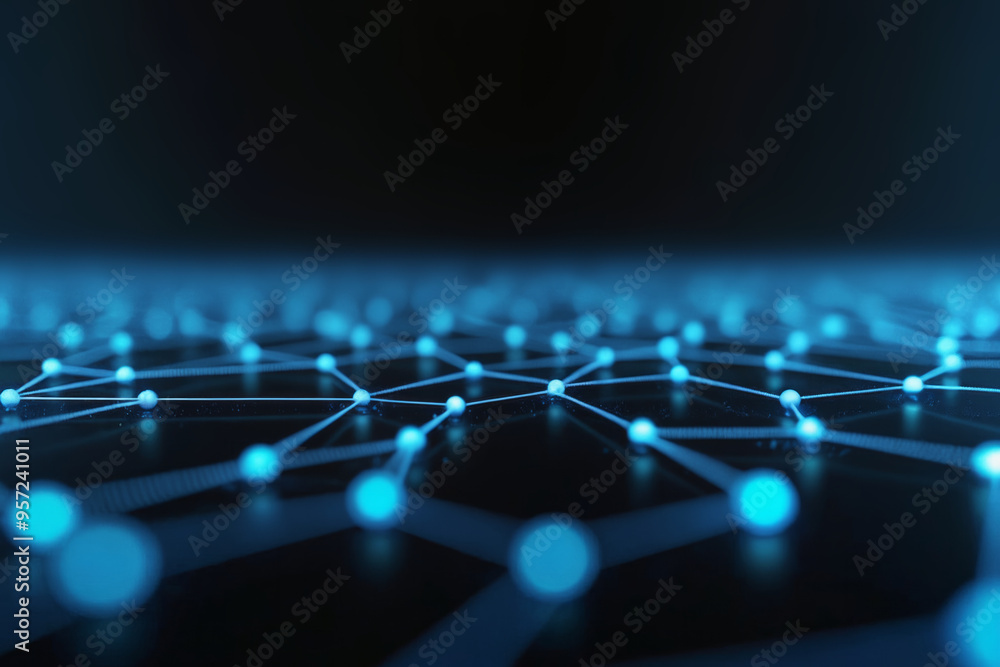 Poster a network of connected blue lines and dots on a black background, representing blockchain technology