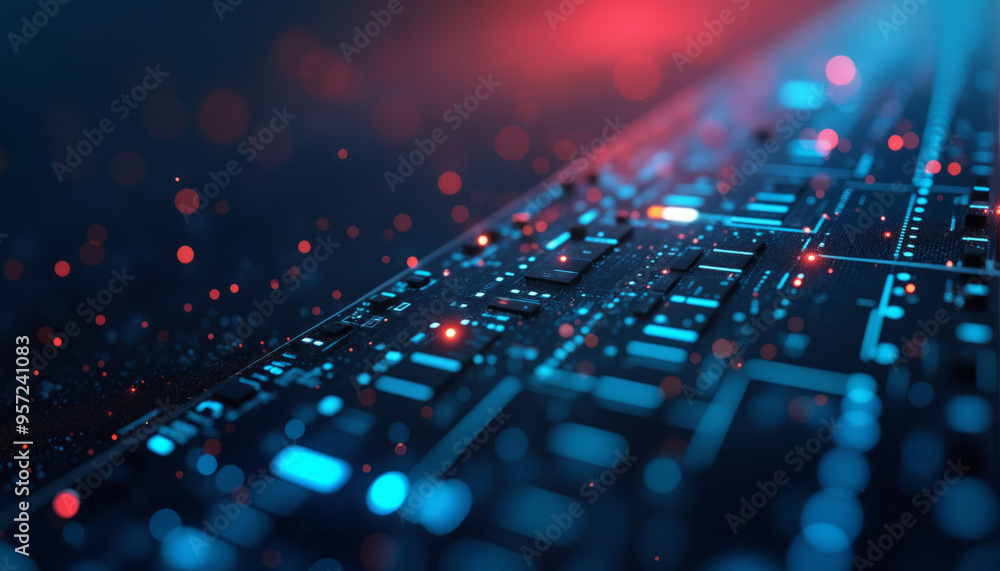 Poster a circuit board illuminated by scattered red and blue lights, with various electronic components arr