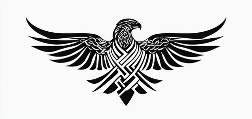 Obraz premium Black White Eagle Intricate Tribal Design Spreads Wings Against White Background Tribal