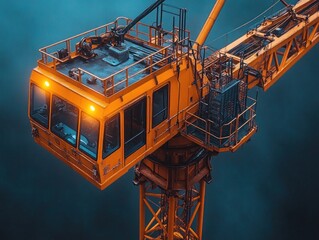Fototapeta premium Construction crane operates above a bustling cityscape during twilight