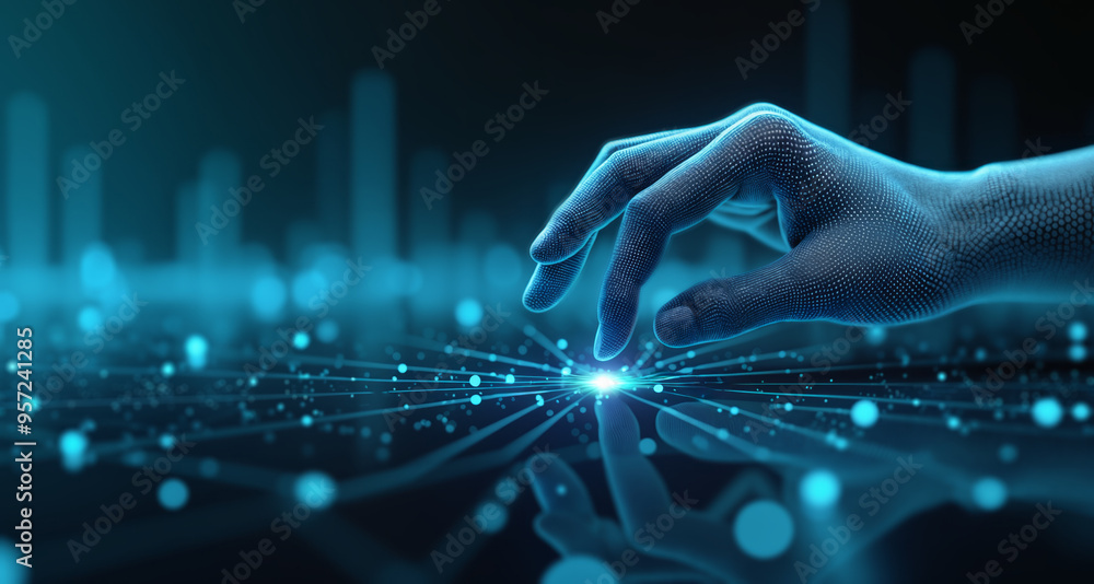 Poster a hand approaches a glowing blue light, appearing as a digital interface. the hand is composed of sm