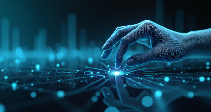 A hand approaches a glowing blue light, appearing as a digital interface. The hand is composed of small dots and lines forming a network-like pattern, futuristic and technological theme.