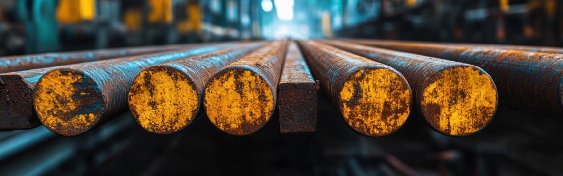 Steel rods are lined up in a factory, showcasing their rugged texture and patina