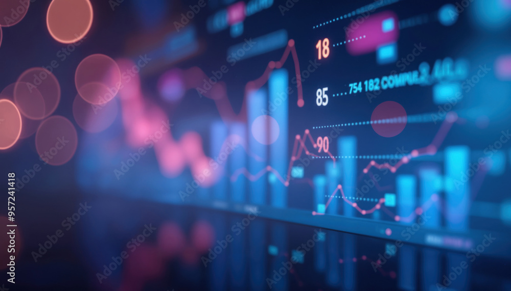 Poster stock market data with red and blue lines: close-up of a digital display showing stock market data w