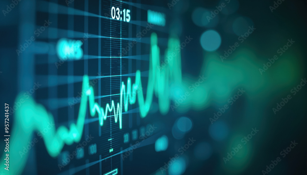 Poster green financial data display with grid: abstract financial display with a glowing green data grid, s