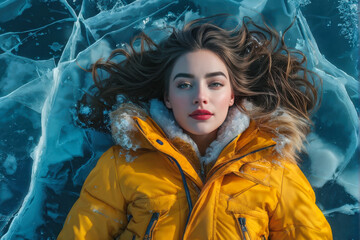 beautiful young European woman in yellow jacket lying on blue ice of frozen lake with snow and cracks in winter. generative AI