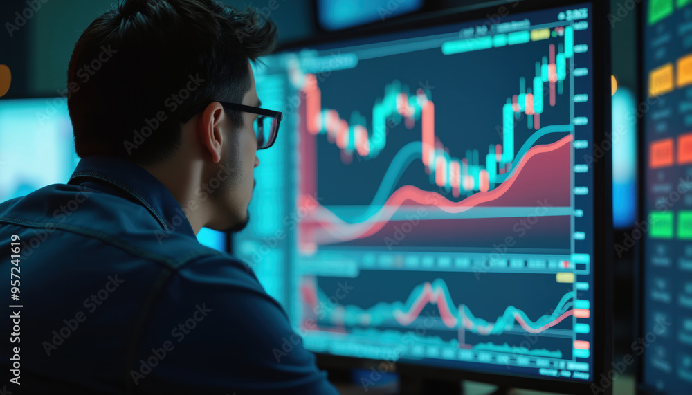 Poster trader monitoring multiple financial graphs on screens: a trader monitoring multiple financial graph