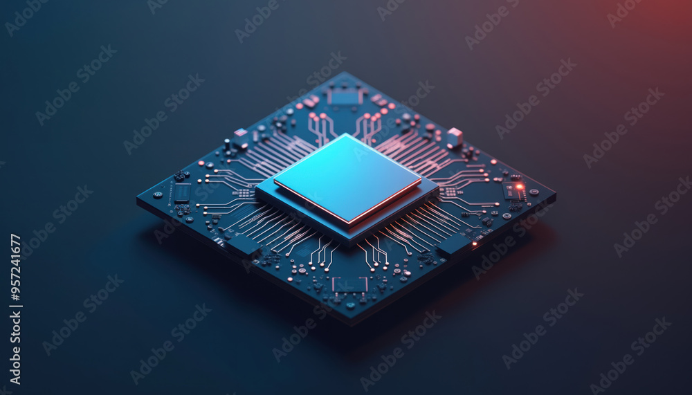 Poster glowing microchip on circuit board: a glowing microchip on a circuit board, symbolizing advanced com