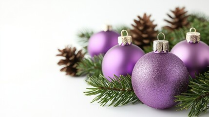 Detailed frontal display of lavender baubles with greenery, white background.