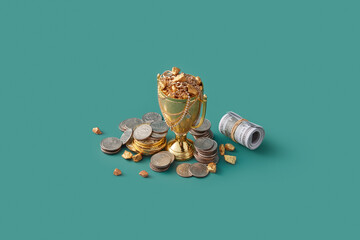 Pile of coins and gold scattered around champion cup