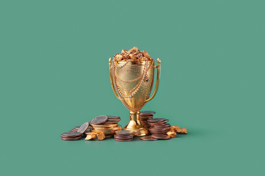 Massive award with coins and goblet on green background