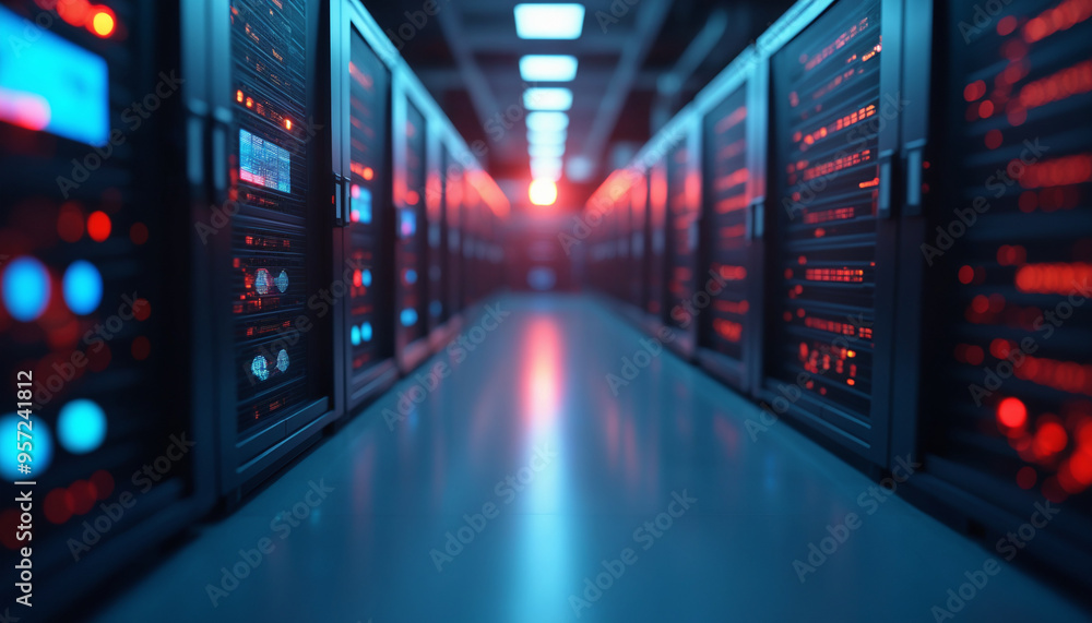 Poster server room with rows of servers illuminated by red and blue lights. the dark and mysterious ambianc