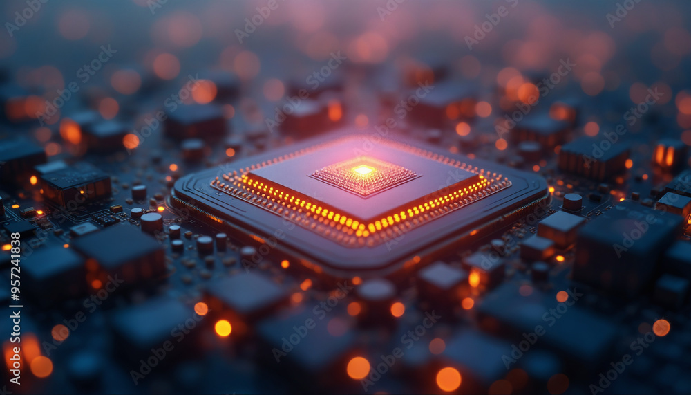Poster technology abstract background with a close-up of a computer chip on a circuit board. the surroundin