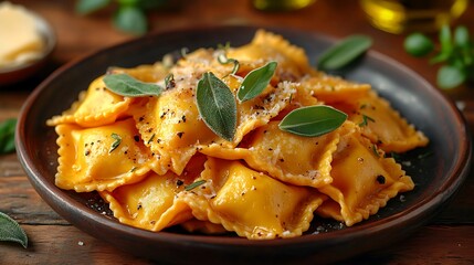 Ravioli with sage butter sauce and Parmesan, served on a rustic ceramic plate, with a blurred olive oil bottle in the background, soft lighting enhancing the rich, comforting ambiance of the scene.