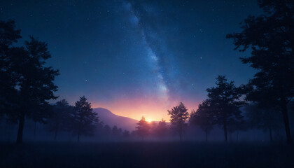 A night sky filled with stars and the Milky Way, with trees in the foreground and a mountain in the background.