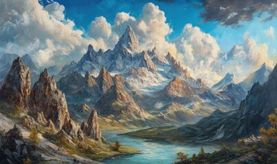 Oil painting depicting an exploration journey through a mountainous landscape capturing the essence of adventure and discovery