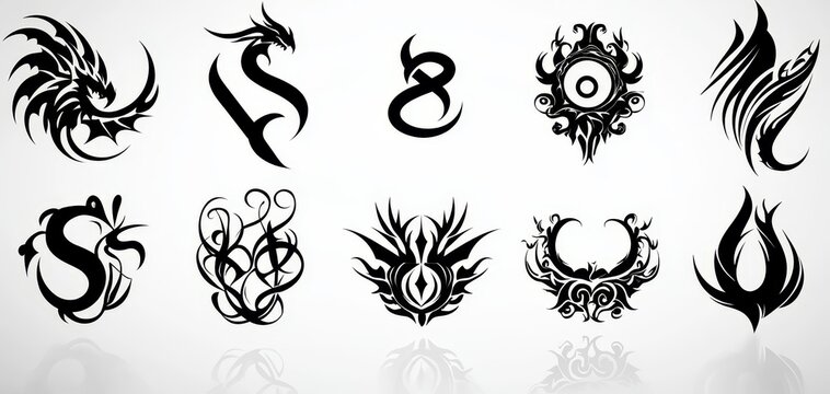 Tribal Tattoo Designs A Collection of 10 Black Ink Designs on White Background with Reflections Tribal