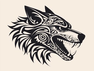 Obraz premium Tribal Wolf Side Profile Intricate Black Design Ferocious Snarl Minimalist Background Tribal