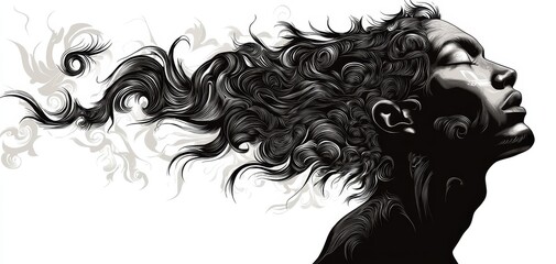 Fototapeta premium Silhouetted Profile with Swirling Hair and Intricate Details A Monochromatic Study of Grace and Elegance Tribal