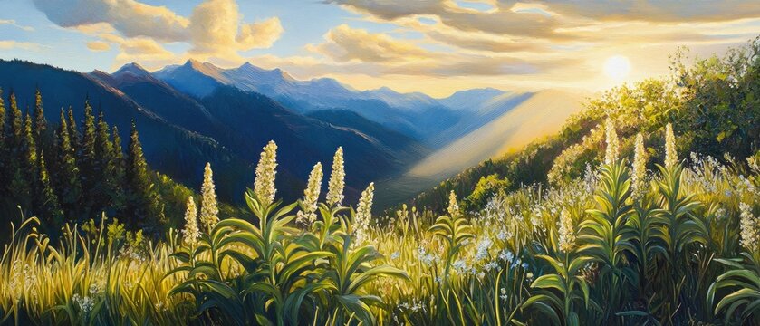 Oil painting of Veratrum album false helleborine featuring sunlight mountains and trees in a beautiful natural landscape showcasing this unique plant species