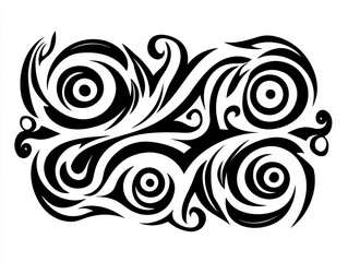 Fototapeta premium Abstract Black and White Swirling Tattoo Design with Four Concentric Circles and Floral Patterns Tribal