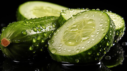 A realistic 3D close-up of a sliced cucumber, showing the seeds and watery interior, on a transparent background.