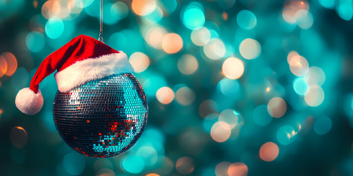 A Santa hat resting on a disco ball. Disco ball wearing a Santa hat.	