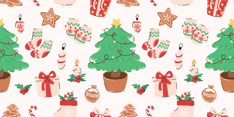 Seamless pattern with Christmas elements. Christmas tree, gingerbread, socks, Christmas tree toys, gifts, sweets. Flat vector illustration.