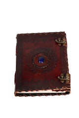 antique notebook or diary in leather or leather with carving and blue stone silver metal clasp, white or transparent background, horizontal foreground photo with space for text, png
