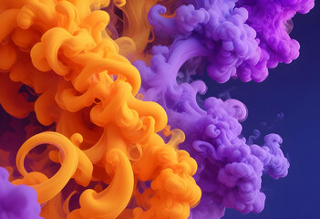 Dynamic and colorful abstract image featuring swirling smoke clouds in vivid shades of orange,...