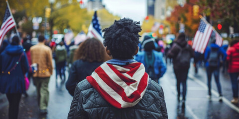 An individual walks through a parade surrounded by American flags, symbolizing unity, pride, and the celebration of national heritage.