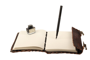 Notebook or diary bound in leather or leather, open with floating pen and black ink bottle on sheets, papyrus sheets, old recycled paper, white or transparent background, with space for text,