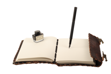 Notebook or diary bound in leather or leather, open with floating pen and black ink bottle on sheets, papyrus sheets, old recycled paper, white or transparent background, with space for text,