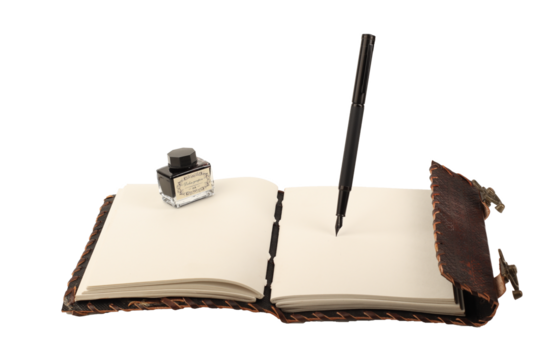 Notebook or diary bound in leather or leather, open with floating pen and black ink bottle on sheets, papyrus sheets, old recycled paper, white or transparent background, with space for text,