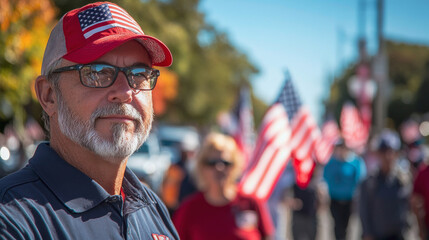 An older man wearing an American flag cap attends a patriotic event, symbolizing pride and dedication to his country.