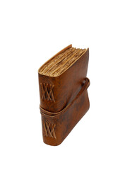 old notebook or diary with recycled sheets and leather cover with cord or string, burned edges with space for text pure white background close-up vertical photo