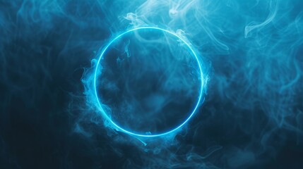 Neon blue color geometric circle on a dark background. Round mystical portal. Mockup for your logo. Futuristic smoke. Mockup for your logo.