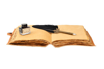 leather or hide notebook or diary with old yellow papyrus sheets with pen and jar of black ink vita comensal foreground white or transparent background, with space for text, 